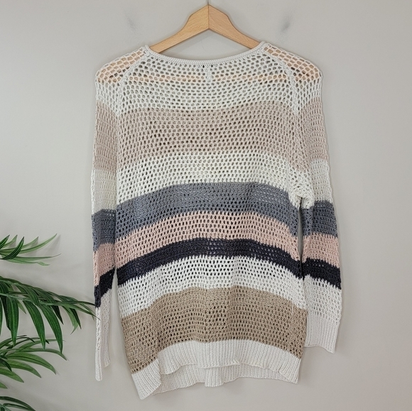 Joie | Tan Gray Pale Pink Cream Stripe Open Knit 100% Cotton Sweater Size Medium - Picture 2 of 4